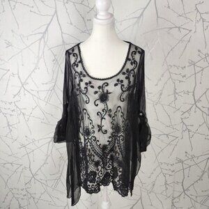 Elloquent Black Lace Chiffon Sheer Round Neck Top